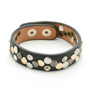 BLACK rhinestone and studded leather snap bracelet adjustable